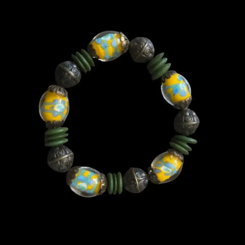 Vintage Yellow & Blue Murano Glass & Forest Green Bead Stretch Bracelet